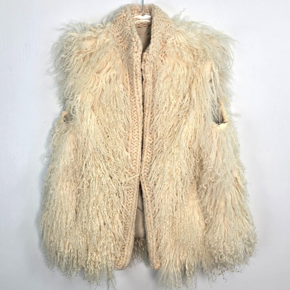 Vintage Mongolian Curly Sheep Fur Vest Chunky Knit Trim Boho Statement Outerwear